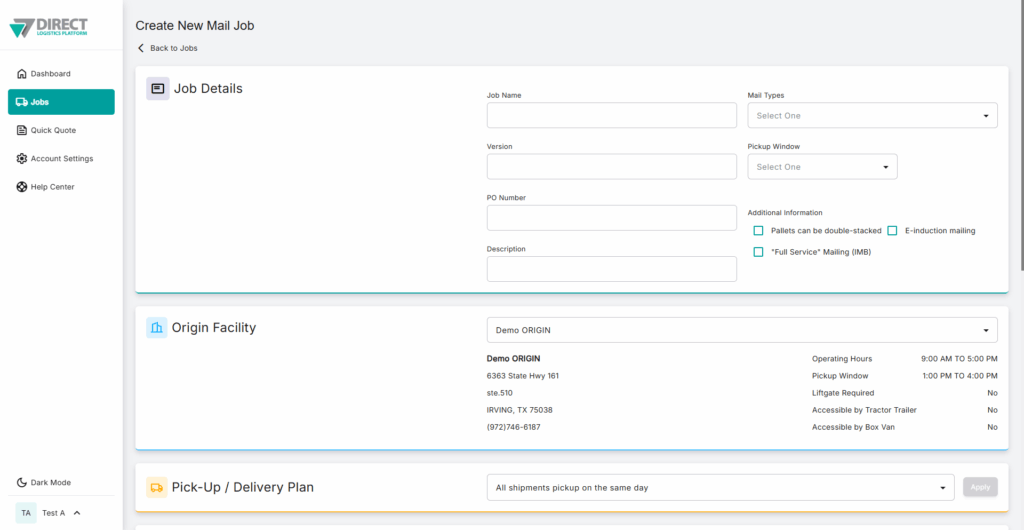 DLP Manual Job Entry Screen