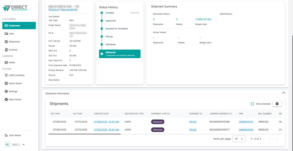 DLP Shipment Tracking and Reporting Screen