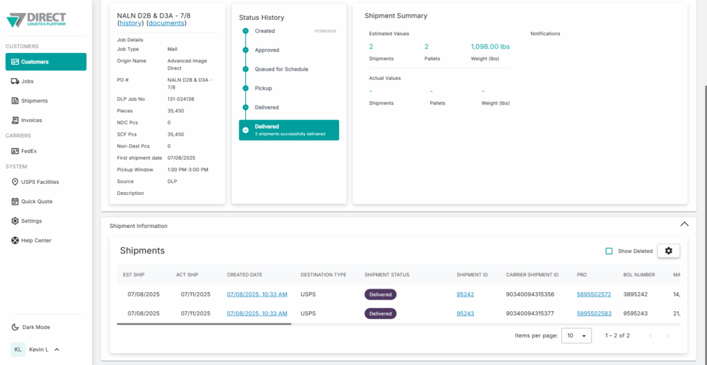 DLP Shipment Tracking and Reporting Screen